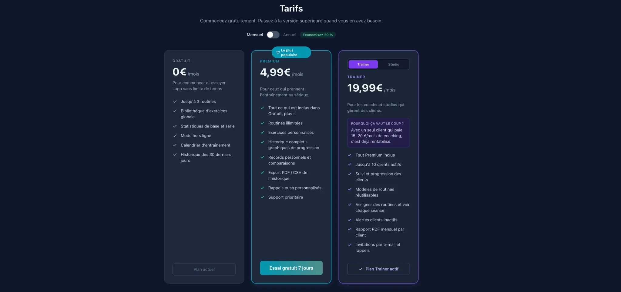 Plans et prix Gym Routine